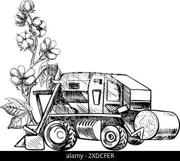 Cotton harvester. A black and white vector graphic illustration made by hand. A stylized composition of a modern cotton harvester used in agriculture Stock Vector