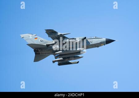 A German Air Force PA-200 Tornado flies over Joint Base Elmendorf-Richardson, Alaska, for German Air Force-led deployment Pacific Skies 24, June 14, 2024. Aircraft and personnel will conduct low-level flying training as part of the deployment. Pacific Skies is a combination of several exercises in the Indo-Pacific theater in which German, French and Spanish air forces participate with U.S. forces. (U.S. Air Force photo by Senior Airman J. Michael Peña) Stock Photo