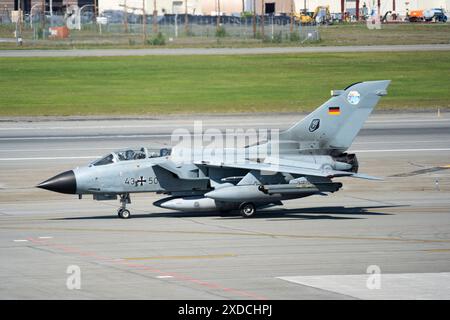 A German Air Force PA-200 Tornado arrives at Joint Base Elmendorf-Richardson, Alaska, for German Air Force-led deployment Pacific Skies 24, June 14, 2024. Aircraft and personnel will conduct low-level flying training as part of the deployment. Pacific Skies is a combination of several exercises in the Indo-Pacific theater in which German, French and Spanish air forces participate with U.S. forces. (U.S. Air Force photo by Senior Airman J. Michael Peña) Stock Photo