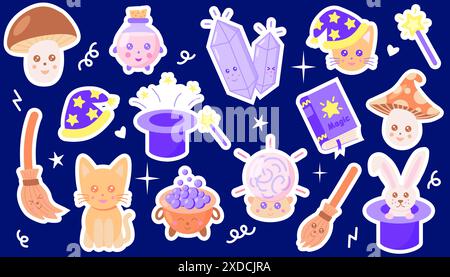 Sticker set with different childrens magic elements, vector illustration in kawaii and cartoon style Stock Vector