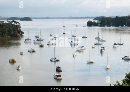 Scenic view of yachts anchored at Opua in the Bay of Islands, New Zealand Stock Photo