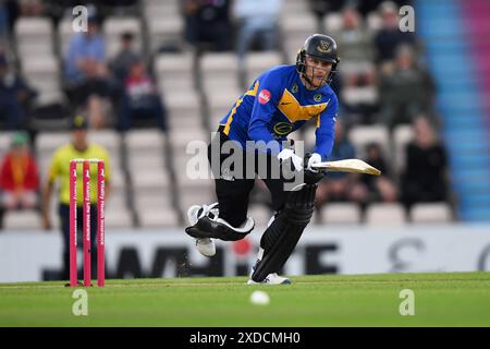 Southampton, UK. 21 June 2024. Tom Alsop of Sussex Sharks batting during the Vitality Blast match between Hampshire Hawks and Sussex Sharks at Utilita Bowl. Credit:Dave Vokes/Alamy Live News Stock Photo