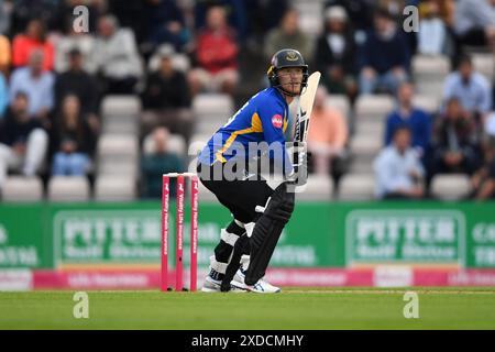 Southampton, UK. 21 June 2024. Tom Alsop of Sussex Sharks batting during the Vitality Blast match between Hampshire Hawks and Sussex Sharks at Utilita Bowl. Credit:Dave Vokes/Alamy Live News Stock Photo