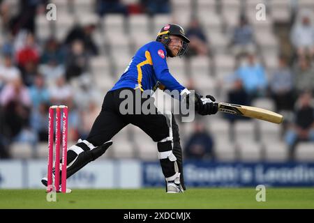 Southampton, UK. 21 June 2024. Tom Alsop of Sussex Sharks batting during the Vitality Blast match between Hampshire Hawks and Sussex Sharks at Utilita Bowl. Credit:Dave Vokes/Alamy Live News Stock Photo