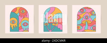 Groovy hippie posters, cards with surreal abstract eyes, mushrooms, arches. Retro 70s and 80s frames.for print, music album covers. Stock Vector