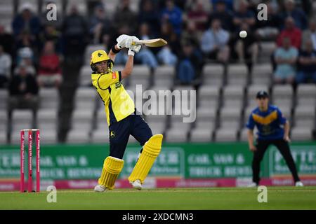 Southampton, UK. 21 June 2024.Fletcha Middleton of Hampshire Hawks batting during the Vitality Blast match between Hampshire Hawks and Sussex Sharks at Utilita Bowl. Credit:Dave Vokes/Alamy Live News Stock Photo