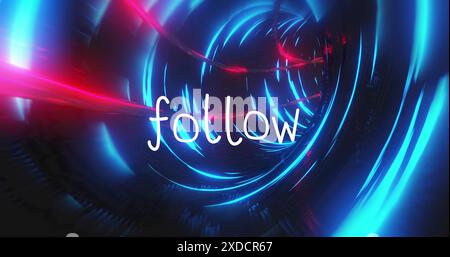 Image of follow text over glowing light trails tunnel background Stock Photo