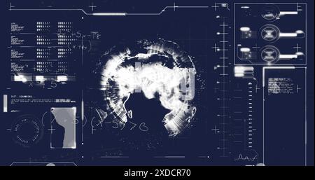 Image of mathematical equations over interface with data processing against spinning globe Stock Photo