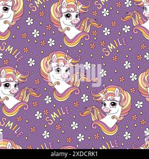 Seamless pattern with unicorns on a purple background. Magic cartoon unicorn. Fairy tale illustration print in modern style for clothes and fabrics, w Stock Vector