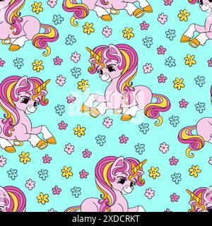 Cute dreaming unicorns with long mane and flowers seamless pattern on a turquoise background. Vector illustration. Fairy tale design nursery art. For Stock Vector