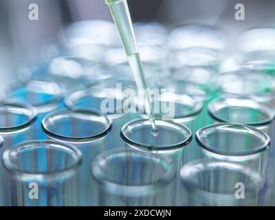 Scientist extracting samples using a pipette for analytical testing in the lab. Stock Photo