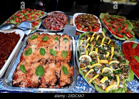 Prepared meals at the Palermo Market in Sicily Italy Stock Photo