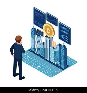 Isometric Businessman Analyzing Bitcoin Cryptocurrency Trends Data. Bitcoin and Cryptocurrency Concept Stock Vector