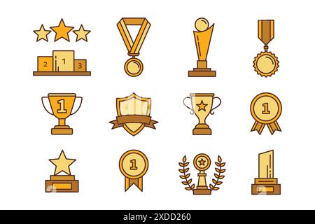 A set of gold colored awards and medals, including a trophy, a shield, and a star Stock Vector