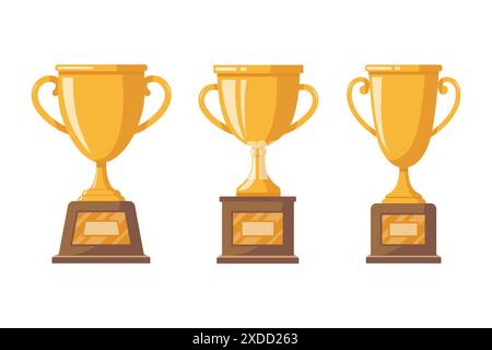 Three gold trophies on a white background. trophy for the championship winner Stock Vector
