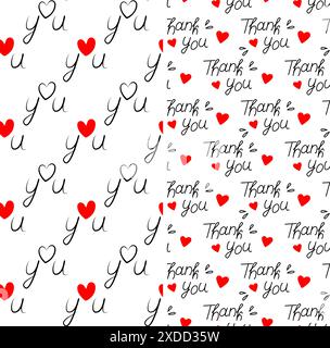 Thank you Love you Hand lettering with hearts and decorative elements Seamless Pattern. Set of 2. Isolate. EPS. Vector. Greeting Background, wallpaper, wrapping or web, cards, posters design concept Stock Vector