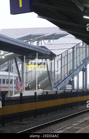 Sign of empty number one train line in the morning at an Indonesian ...