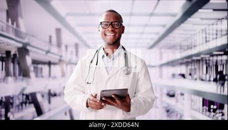 African American doctor in virtual telemedicine conference with medical analysts using online tablet for healthcare collaboration and research. Stock Photo