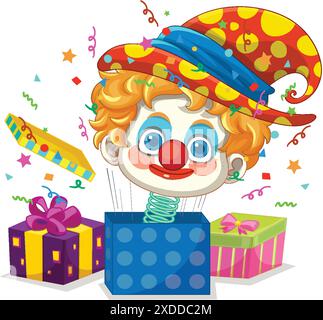 A cheerful clown popping out of a box Stock Vector