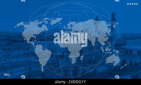 Blank World map overlay with large industry factory building, Power plant, Petroleum complex background on blue color tone graphic for world wide busi Stock Photo