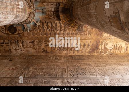 Recent restoration work in Khnum Temple, Esna, Egypt, has revealed the full beauty of the paintings and bas-relief sculptures. Stock Photo