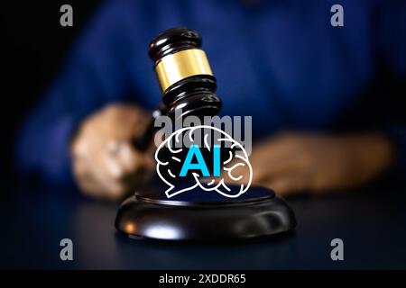 Futuristic African American man using AI software in virtual chat to shape corporate governance and legal compliance decisions. Stock Photo