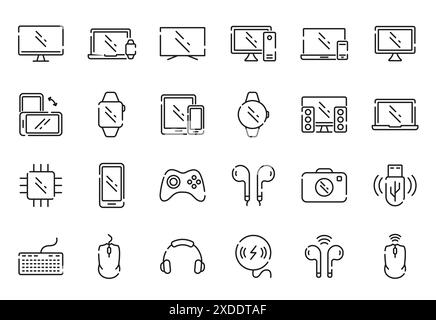Set of Device Line Icon. Contain Laptop, Phone, Headphone, PC, Notebook, Digital Equipment. Wireless Smart Electronic Gadget Linear Icons. Device Stock Vector