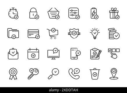 Set of Approve Line Icons. Check Marks, Ticks Linear Pictogram. Contains such Icons as Check List, Test, Award, Quality Control. Thin Line Design Stock Vector