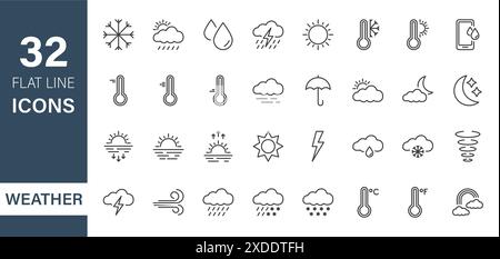 Set of Weather Line Icons. Weather Forecast graphic elements. Meteorology. Temperature, Sun, Cloud, Rain. Editable stroke. Vector illustration Stock Vector