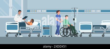 Hospital interior with medical staff at work and patients, healthcare and medicine concept Stock Vector