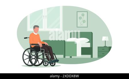 Senior man in a wheelchair and bedroom interior, senior care and accessibility concept Stock Vector