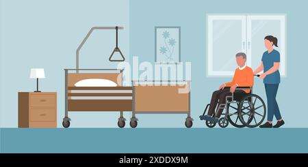 Senior man in a wheelchair and caregiver: elderly care and assisted living concept Stock Vector