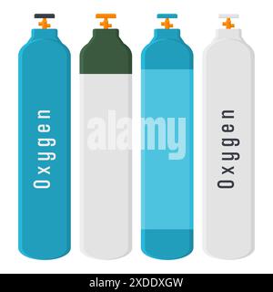 Health Aids Oxygen Gas Cylinder Icon. Collection of Oxygen Gas Cylinders for Life Support Equipment. Stock Vector