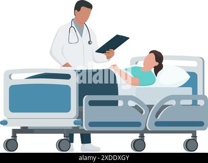 Doctor visiting a patient at the hospital, the female patient is lying down on a medical bed, healthcare concept, isolated Stock Vector