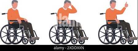 Senior man in a wheelchair with different expressions, accessibility and healthcare concept, isolated Stock Vector