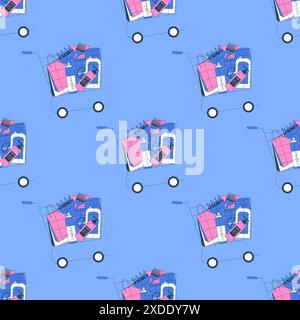 Seamless pattern of shopping carts filled with assorted beauty and hair products. Shopping spree for grooming essentials endless background. Vector ou Stock Vector