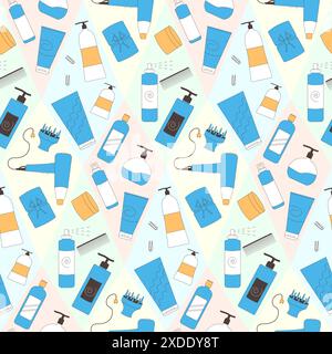 Y2K-inspired seamless pattern features vibrant, nostalgic hair styling tools and accessories, curly girls method repeat background. Vector outline ill Stock Vector