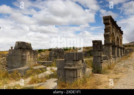 Volubilis is a partly-excavated Berber-Roman city in Morocco situated near the city of Meknes Stock Photo