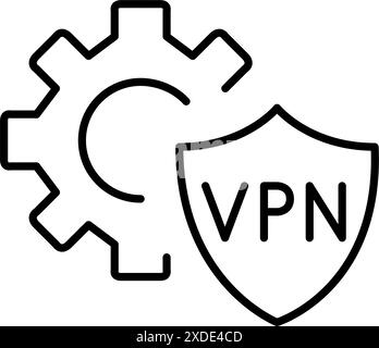 Cogwheel and VPN shield. Online security and protection engineering solutions. Pixel perfect vector icon Stock Vector