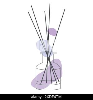 Home Fragrance Linear Icon, Glass Bottle with Wooden Aroma Sticks, Perfume for home, editable black Contour on white background with Abstract Green co Stock Vector