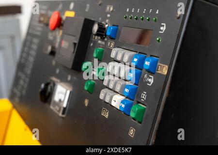 Buttons of the control panel of an old CNC machine Stock Photo