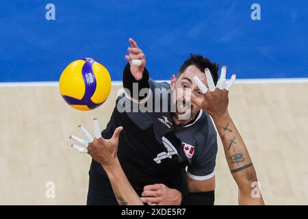 Pasay City, Philippines. 22nd June, 2024. Stephen Timothy Maar of Canada spikes the ball during the match between Canada and the Netherlands at the Men's Volleyball Nations League (VNL) 2024 in Pasay City, the Philippines, on June 22, 2024. Credit: Rouelle Umali/Xinhua/Alamy Live News Stock Photo