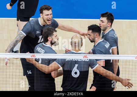 Pasay City, Philippines. 22nd June, 2024. Players of Canada celebrate after scoring during the match between Canada and the Netherlands at the Men's Volleyball Nations League (VNL) 2024 in Pasay City, the Philippines, on June 22, 2024. Credit: Rouelle Umali/Xinhua/Alamy Live News Stock Photo