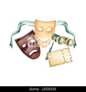 Theatrical comedy and tragedy emotion masks with binoculars and copy space ticket. Watercolor illustration isolated on white background. Vintage music Stock Photo