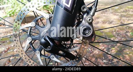 Shimano XTR Hydraulic Disc Brake for high performance brake control in a pro mountain bike Stock Photo