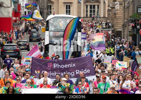 Edinburgh, Scotland, UK. 22nd June 2024. Edinburgh Pride March drew thousands of people to march from Scottish Parliament to a rally at Bristo square via the Royal Mile. The Pride march is an event during the Pride Month celebrations. Iain Masterton/Alamy Live News Stock Photo