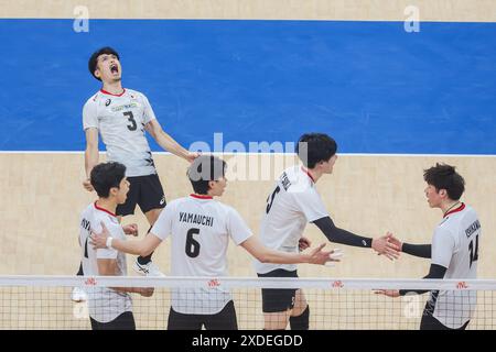 Pasay City, Philippines. 22nd June, 2024. Players of Japan celebrate after scoring during the match between Japan and France at the Men's Volleyball Nations League (VNL) 2024 in Pasay City, the Philippines, on June 22, 2024. Credit: Rouelle Umali/Xinhua/Alamy Live News Stock Photo