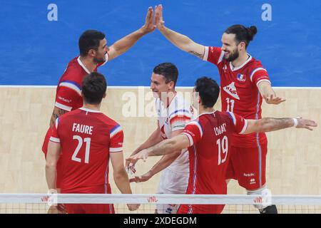 Pasay City, Philippines. 22nd June, 2024. Players of France celebrate after scoring during the match between Japan and France at the Men's Volleyball Nations League (VNL) 2024 in Pasay City, the Philippines, on June 22, 2024. Credit: Rouelle Umali/Xinhua/Alamy Live News Stock Photo