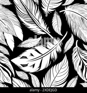 simple two-color seamless pattern of white feathers on a black background, texture Stock Photo