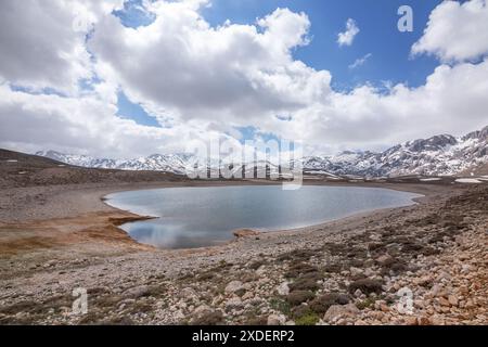 Temporary lakes formed in the spring months as snow melts in the higher parts of Antalya Taşeli Plateau. Stock Photo